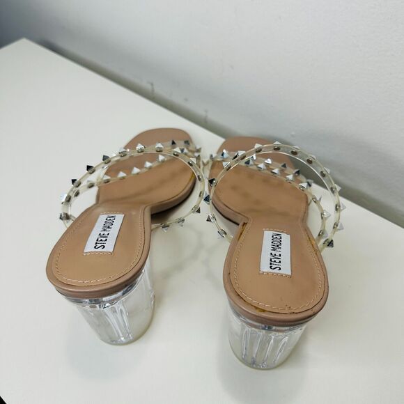 Steve Madden Nude Lucite Tangent Cone Heel Clear Silver Studded Strappy Sandal 9 - Picture 13 of 16